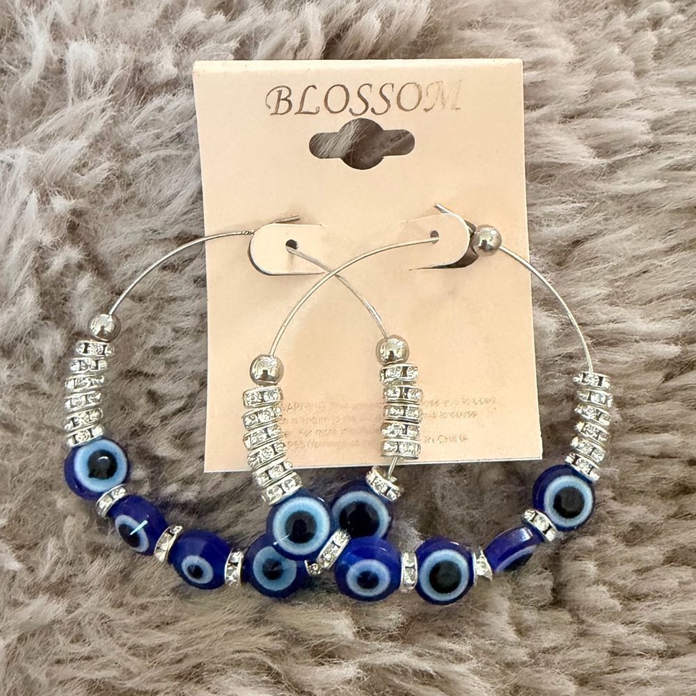 Free! Evil Eye Sparkly Rhinestone Large Hoop  Earrings NWT